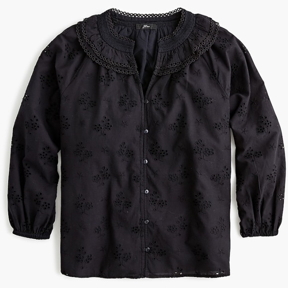 J crew button front eyelet peasant top black